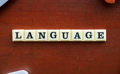 Word “LANGUAGE” spelled out with letter tiles on a wooden table.